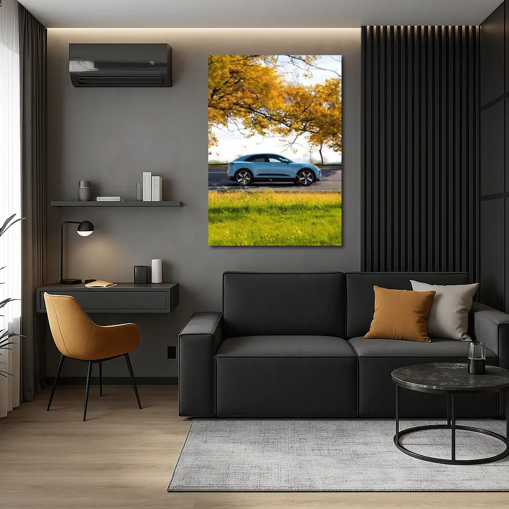 Porsche Macan Blue Side Profile Autumn Trees – Wall Art