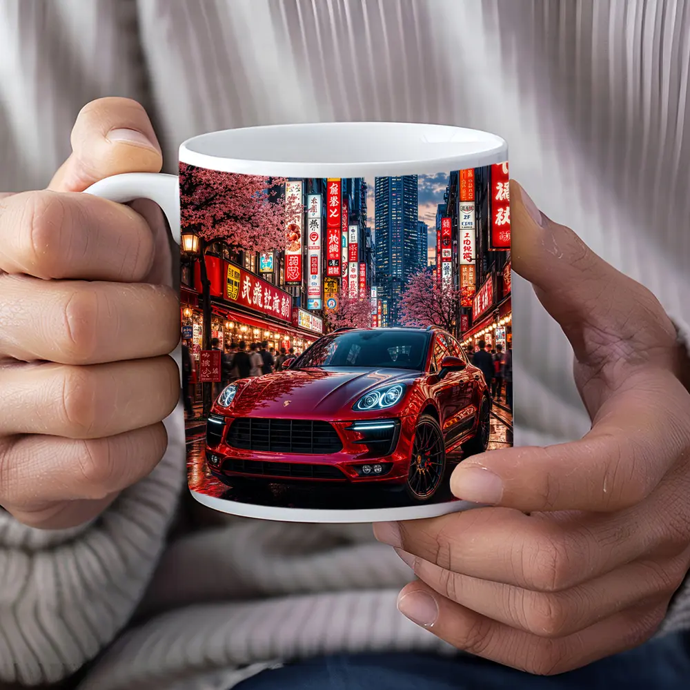 Porsche Macan Red Tokyo Night Street – Mugs