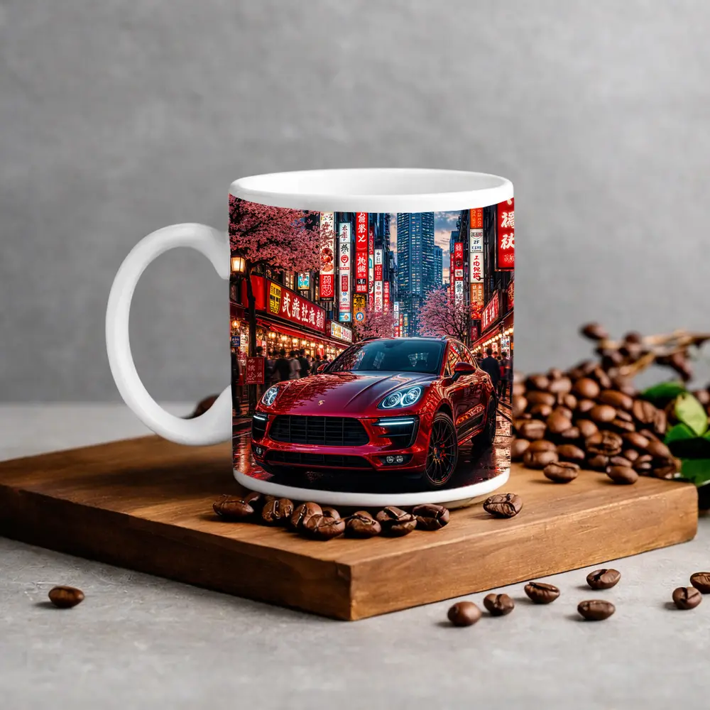Porsche Macan Red Tokyo Night Street – Mugs