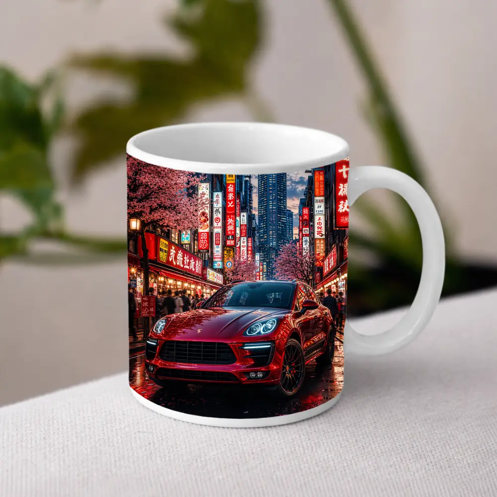 Porsche Macan Red Tokyo Night Street – Mugs