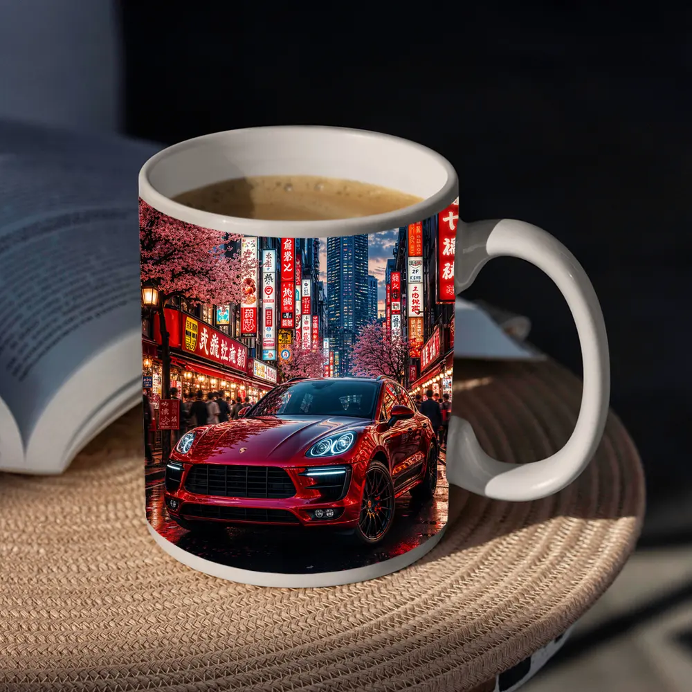 Porsche Macan Red Tokyo Night Street – Mugs