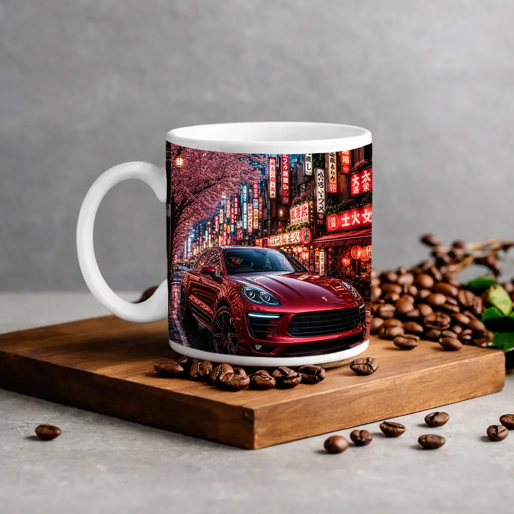 Red Porsche Macan Tokyo Cherry Blossom Street – Mugs