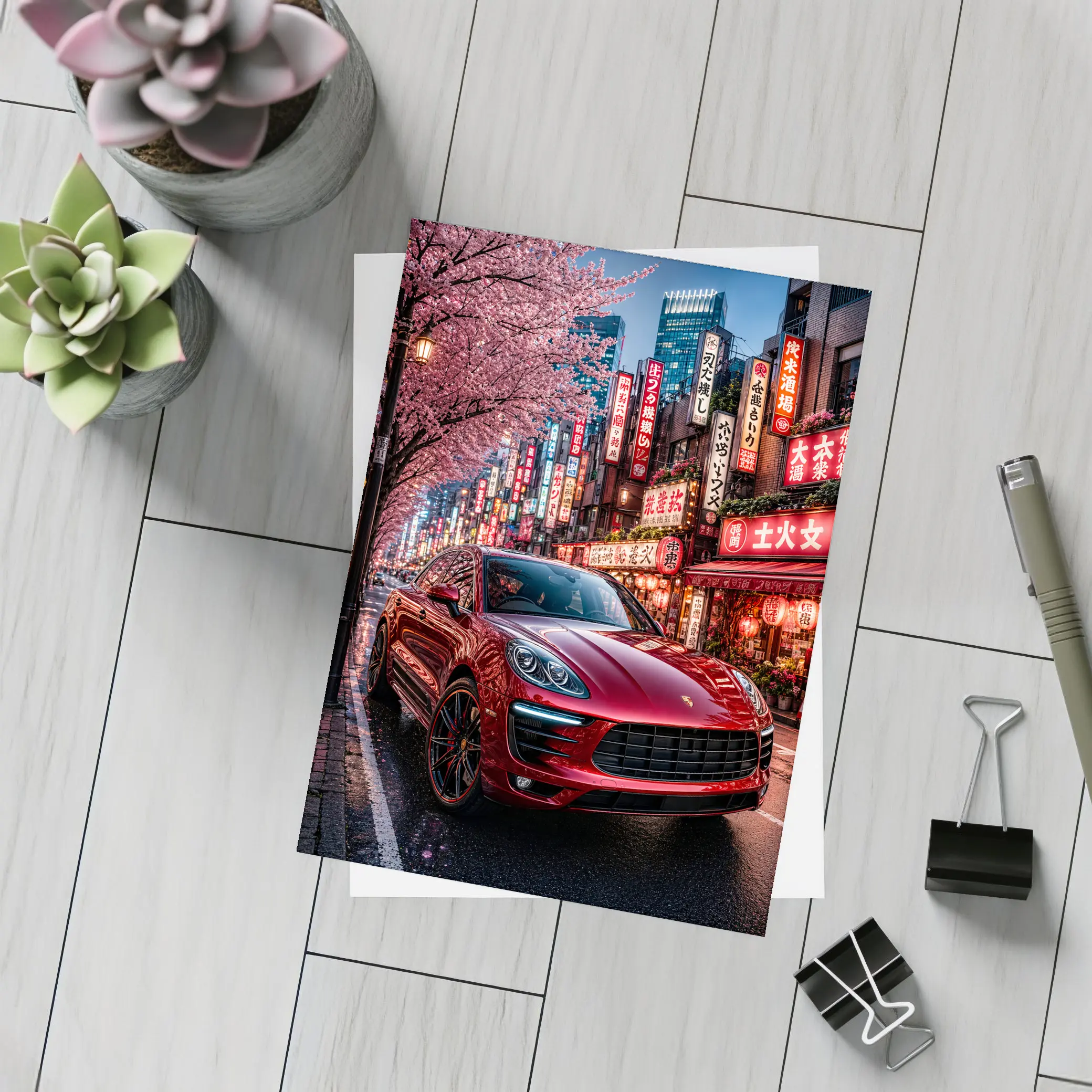 Red Porsche Macan Tokyo Cherry Blossom Street – Postcards