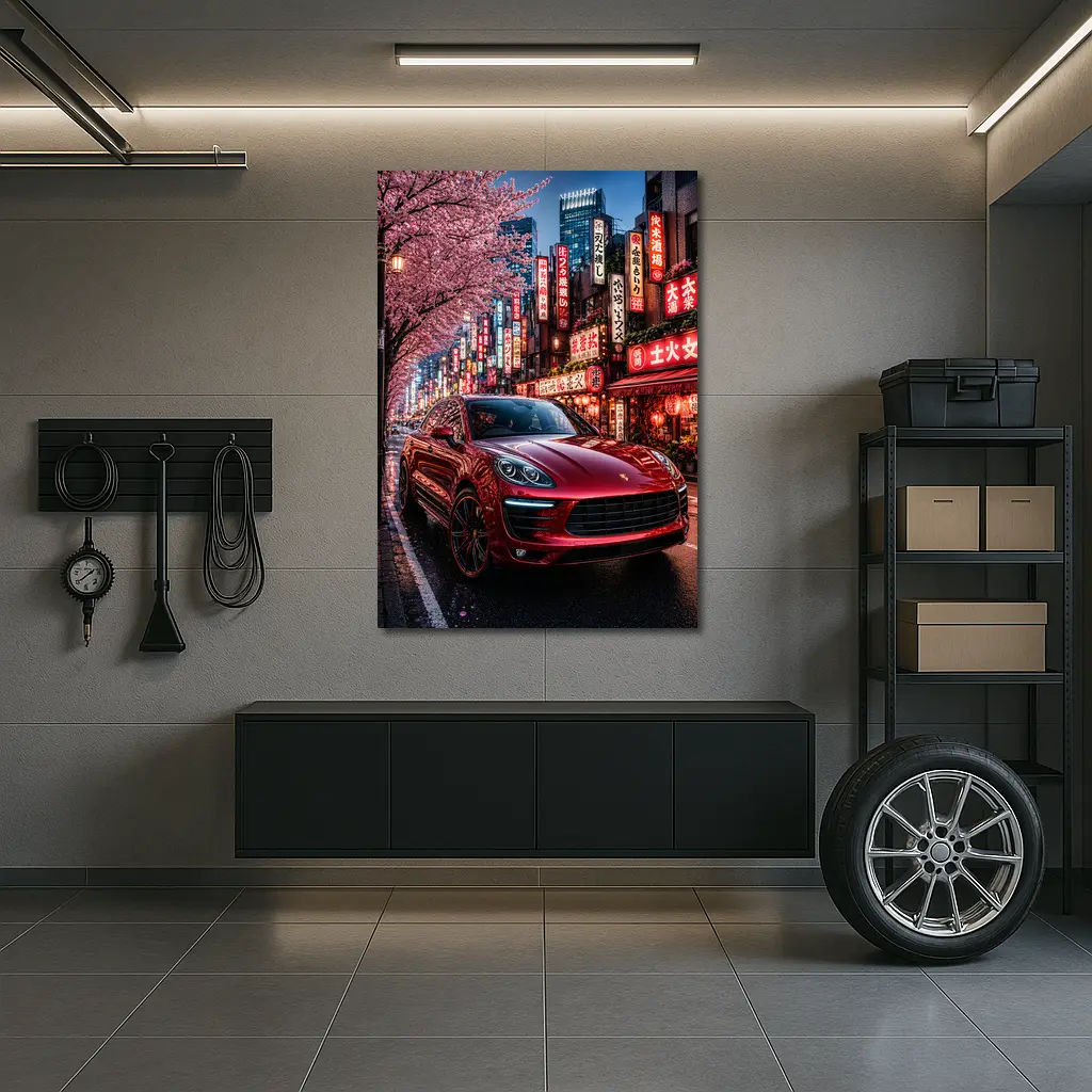 Red Porsche Macan Tokyo Cherry Blossom Street – Wall Art