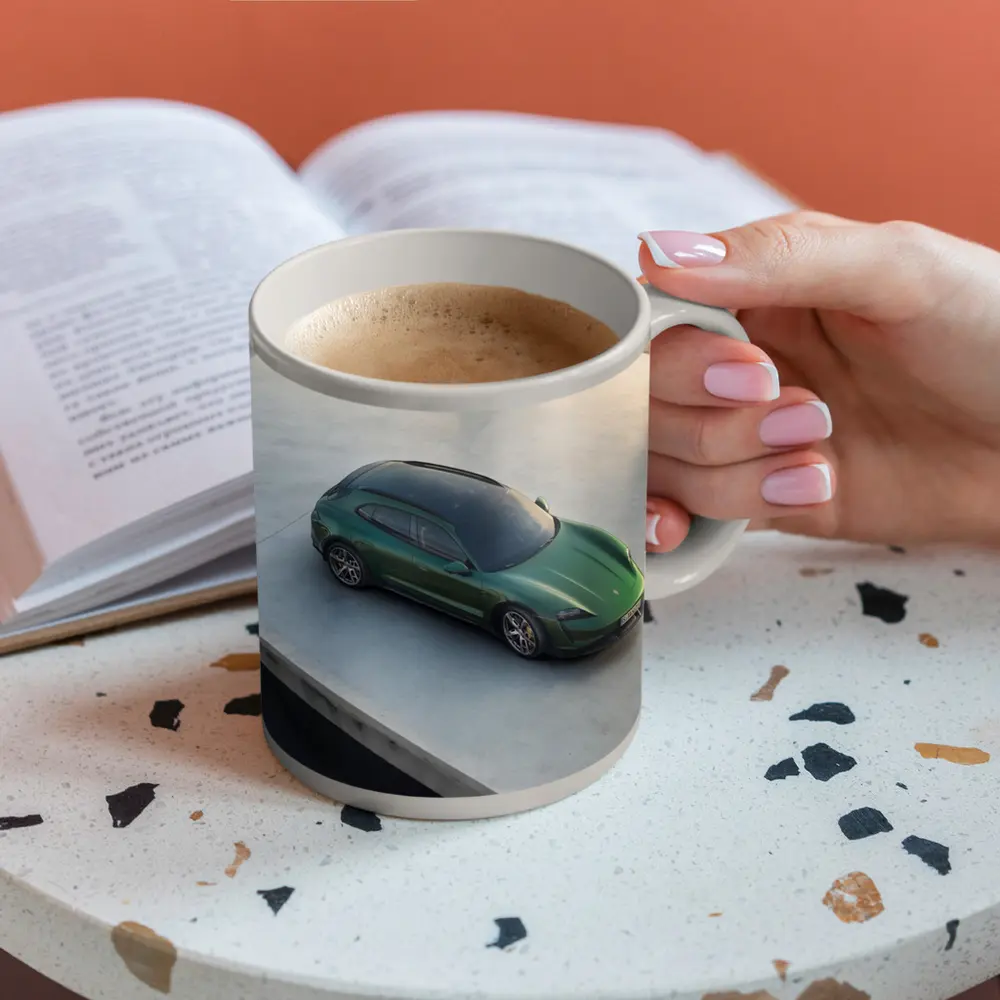 Green Porsche Taycan Sport Turismo Overhead View – Mugs