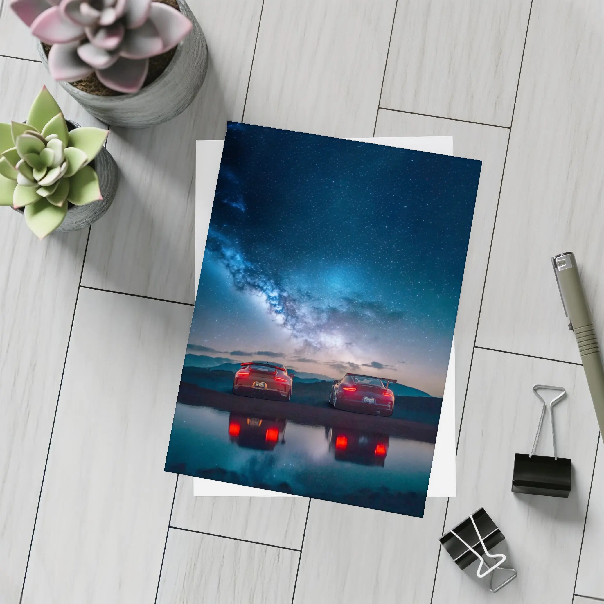 Two Red Porsche 911 Under Milky Way – Postcards
