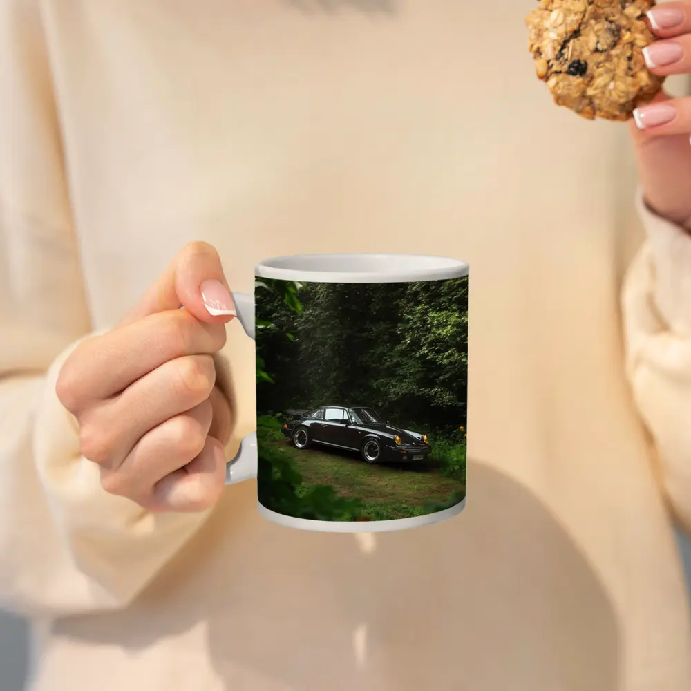 Black Porsche 911 Parked in Green Forest – Mugs
