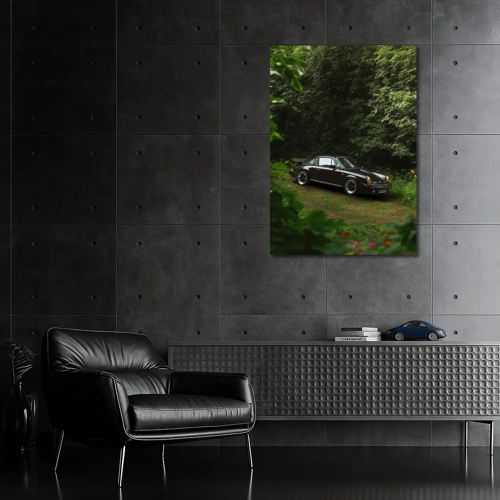 Black Porsche 911 Parked in Green Forest – Wall Art