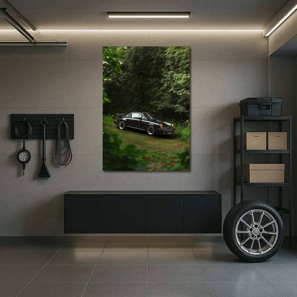 Black Porsche 911 Parked in Green Forest – Wall Art