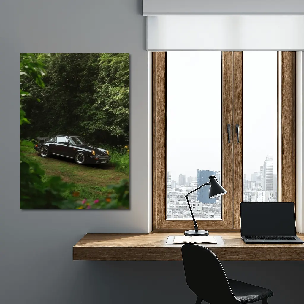 Black Porsche 911 Parked in Green Forest – Wall Art