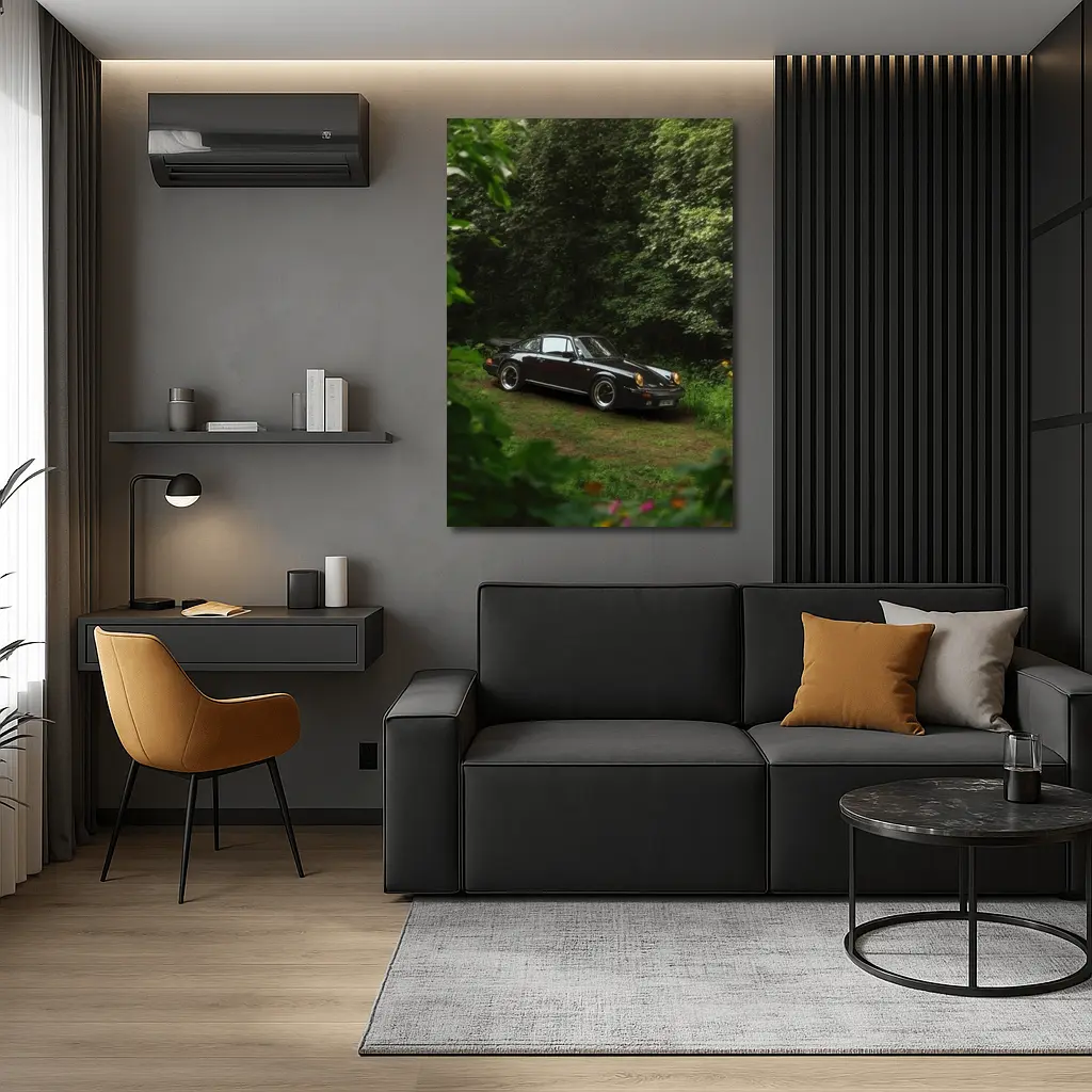 Black Porsche 911 Parked in Green Forest – Wall Art