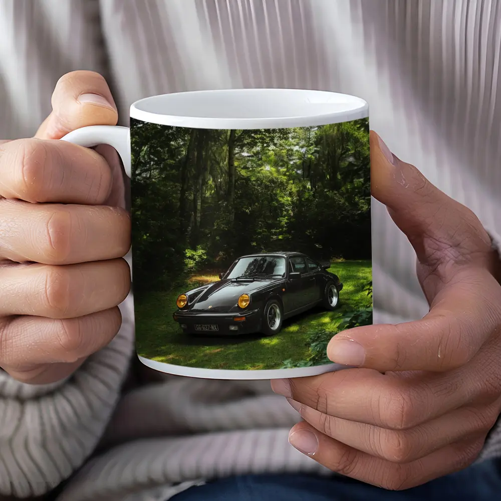 Black Porsche 911 Parked in Green Forest – Mugs