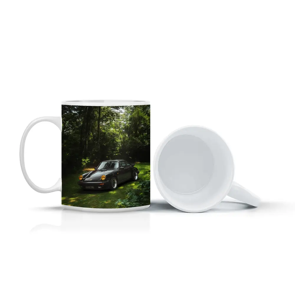 Black Porsche 911 Parked in Green Forest – Mugs