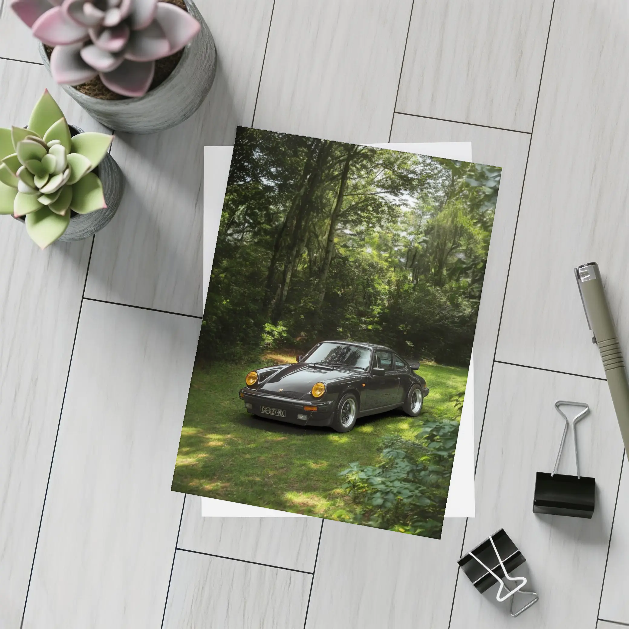 Black Porsche 911 Parked in Green Forest – Postcards