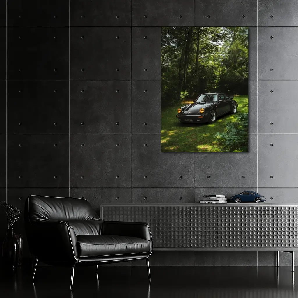 Black Porsche 911 Parked in Green Forest – Wall Art
