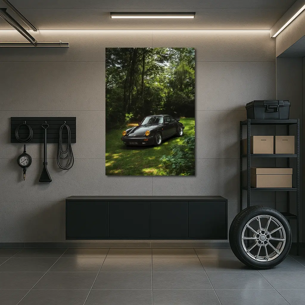Black Porsche 911 Parked in Green Forest – Wall Art