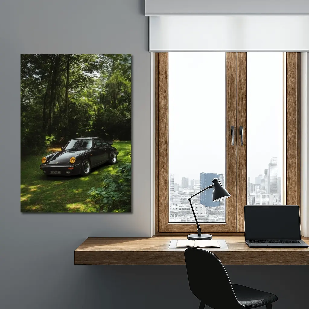 Black Porsche 911 Parked in Green Forest – Wall Art