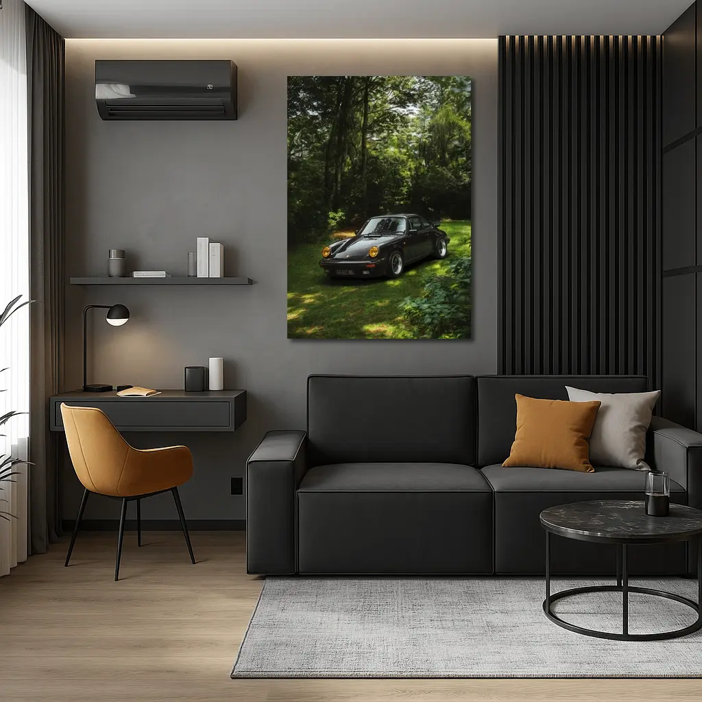 Black Porsche 911 Parked in Green Forest – Wall Art