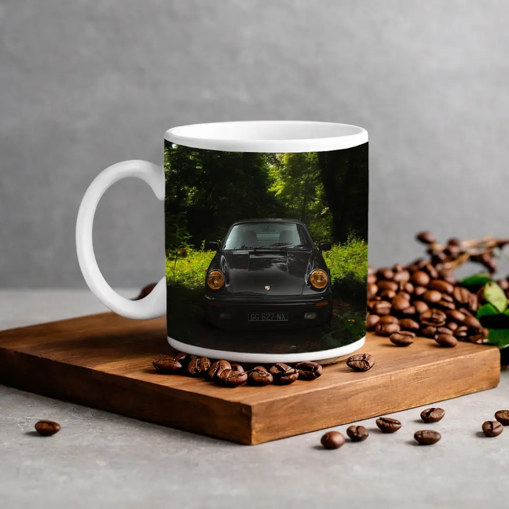 Black Porsche 911 Parked in Green Forest – Mugs