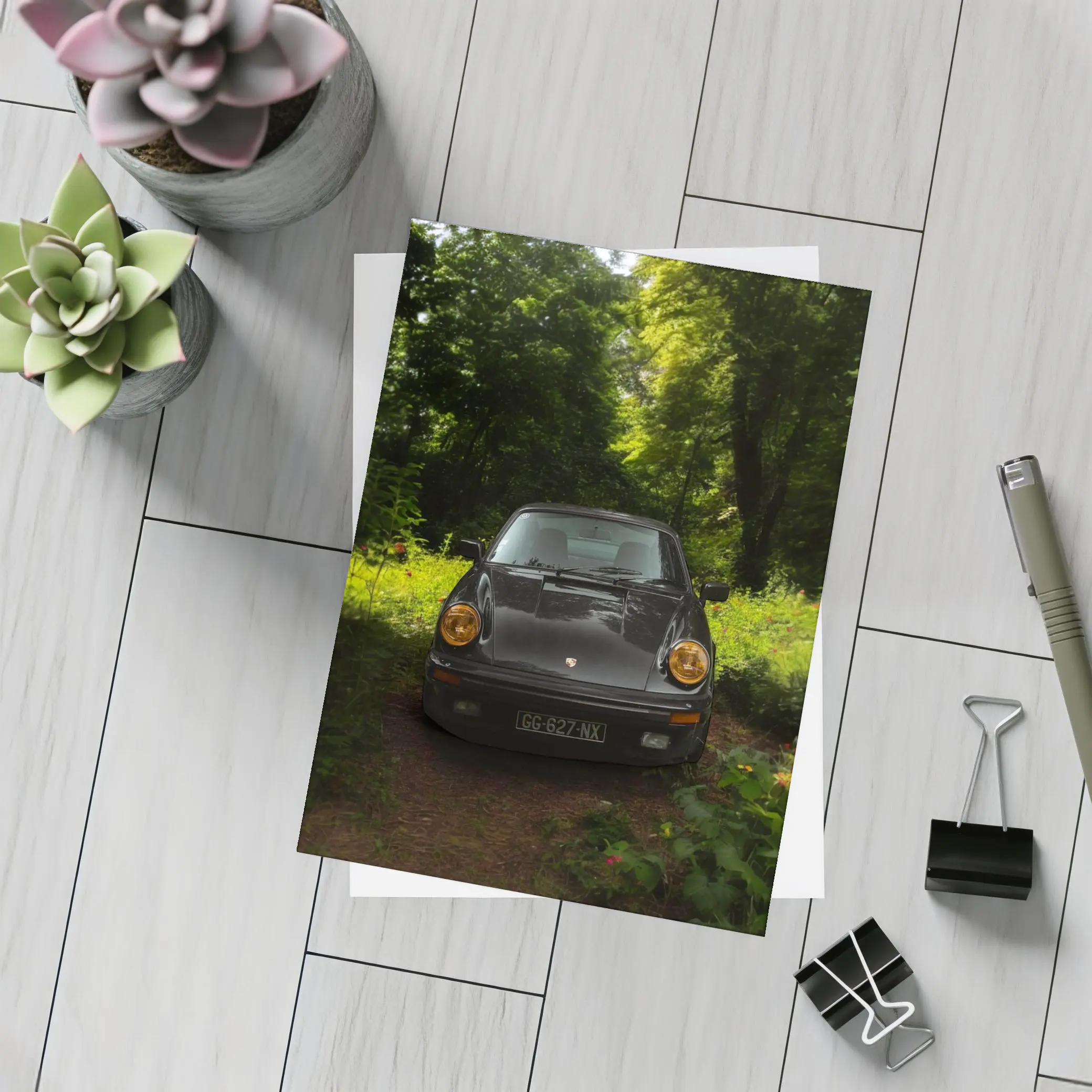 Black Porsche 911 Parked in Green Forest – Postcards