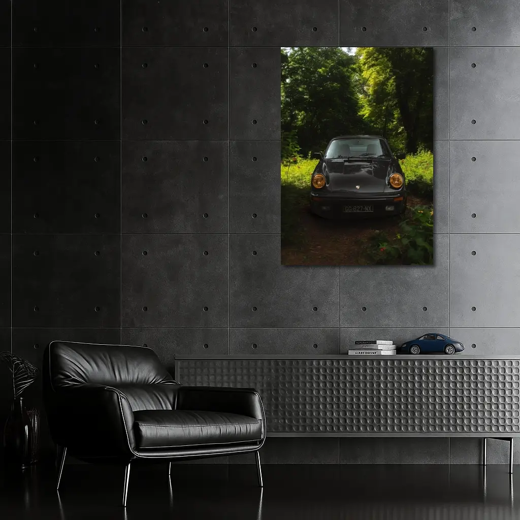 Black Porsche 911 Parked in Green Forest – Wall Art