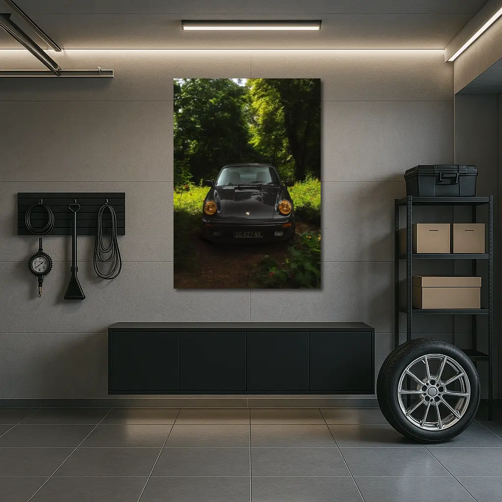 Black Porsche 911 Parked in Green Forest – Wall Art
