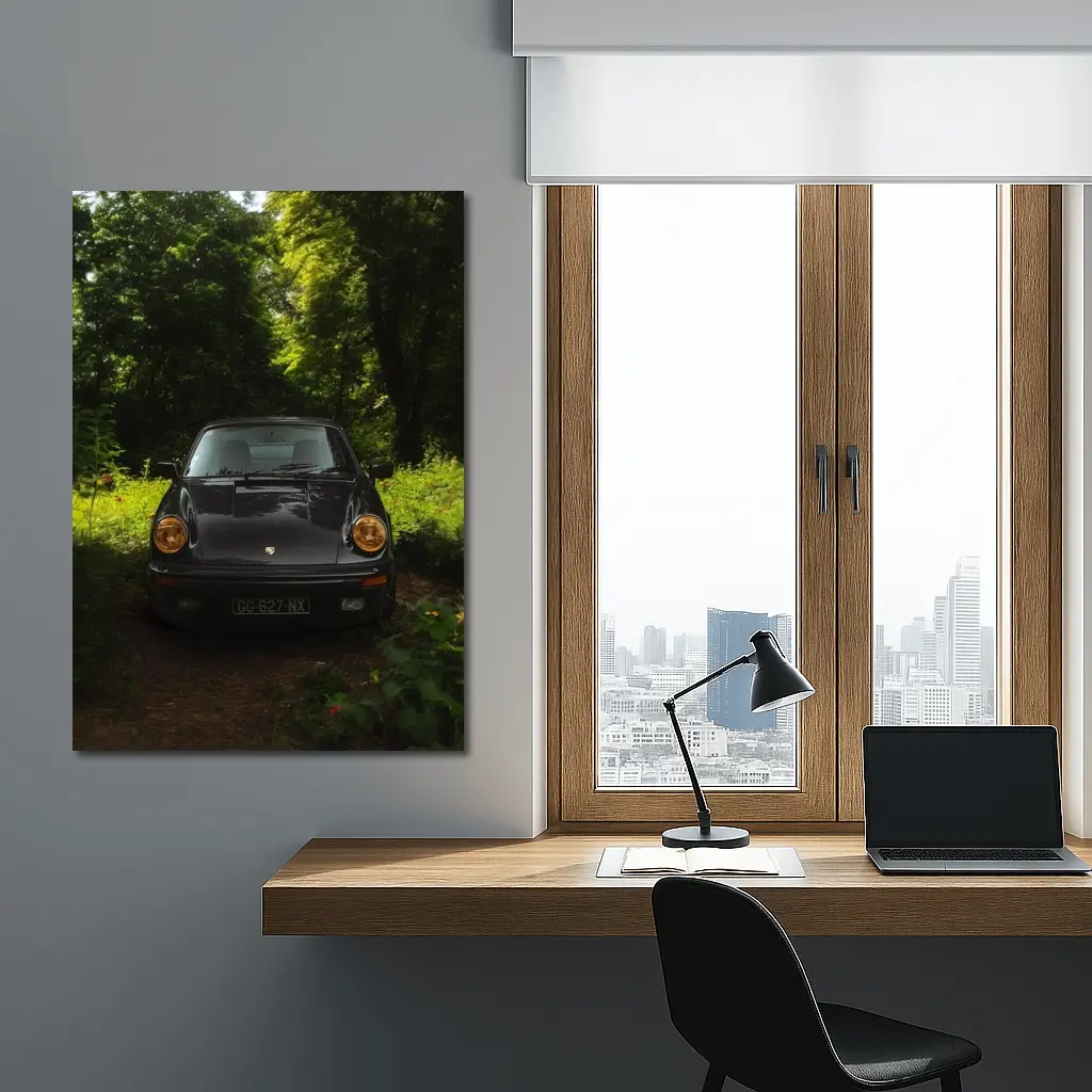Black Porsche 911 Parked in Green Forest – Wall Art