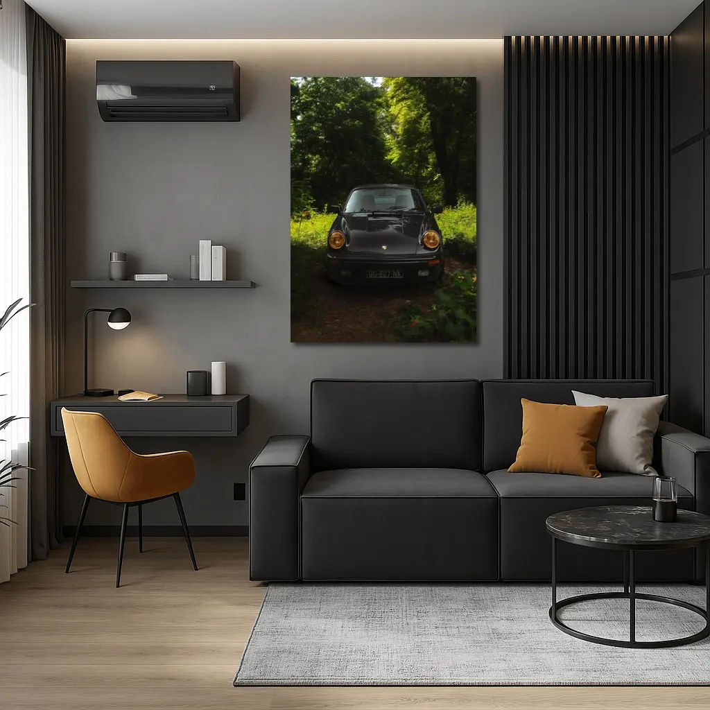 Black Porsche 911 Parked in Green Forest – Wall Art