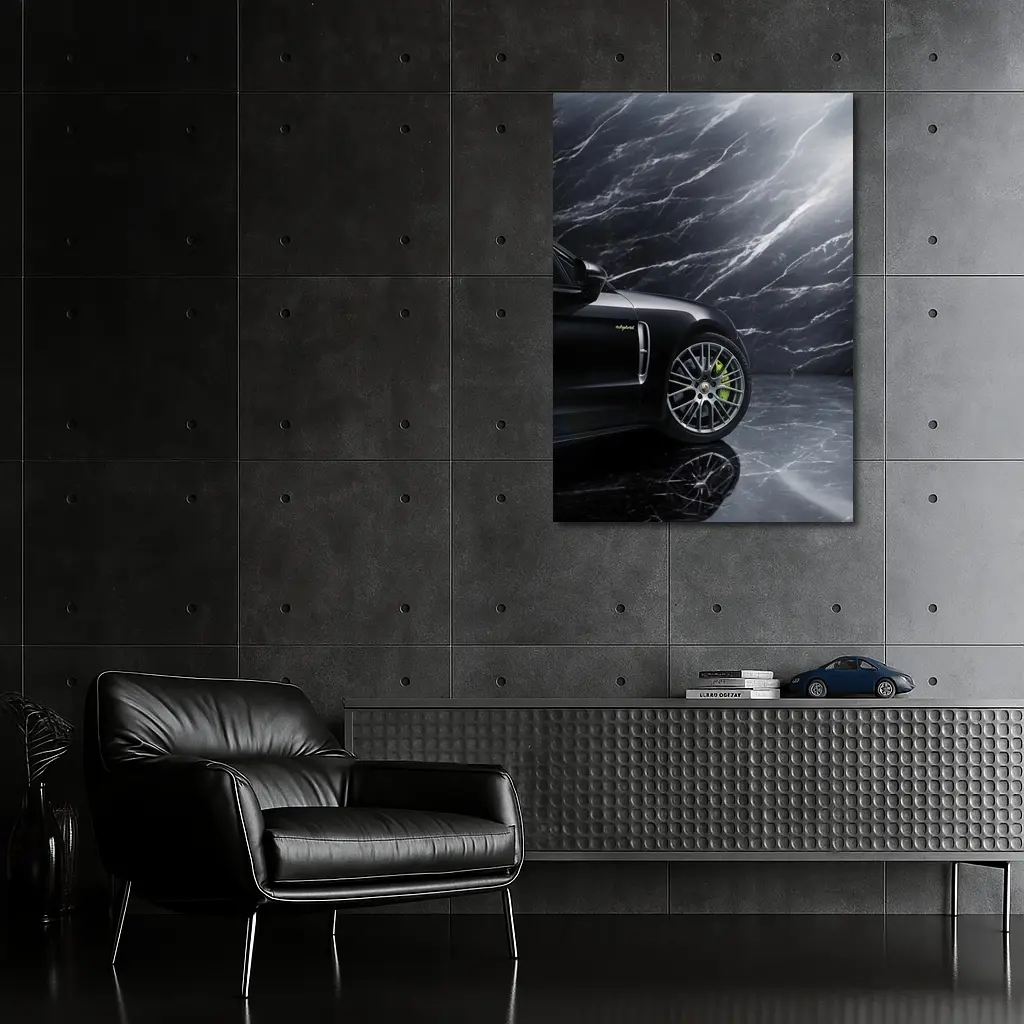 Porsche Panamera Black on Dark Marble – Wall Art