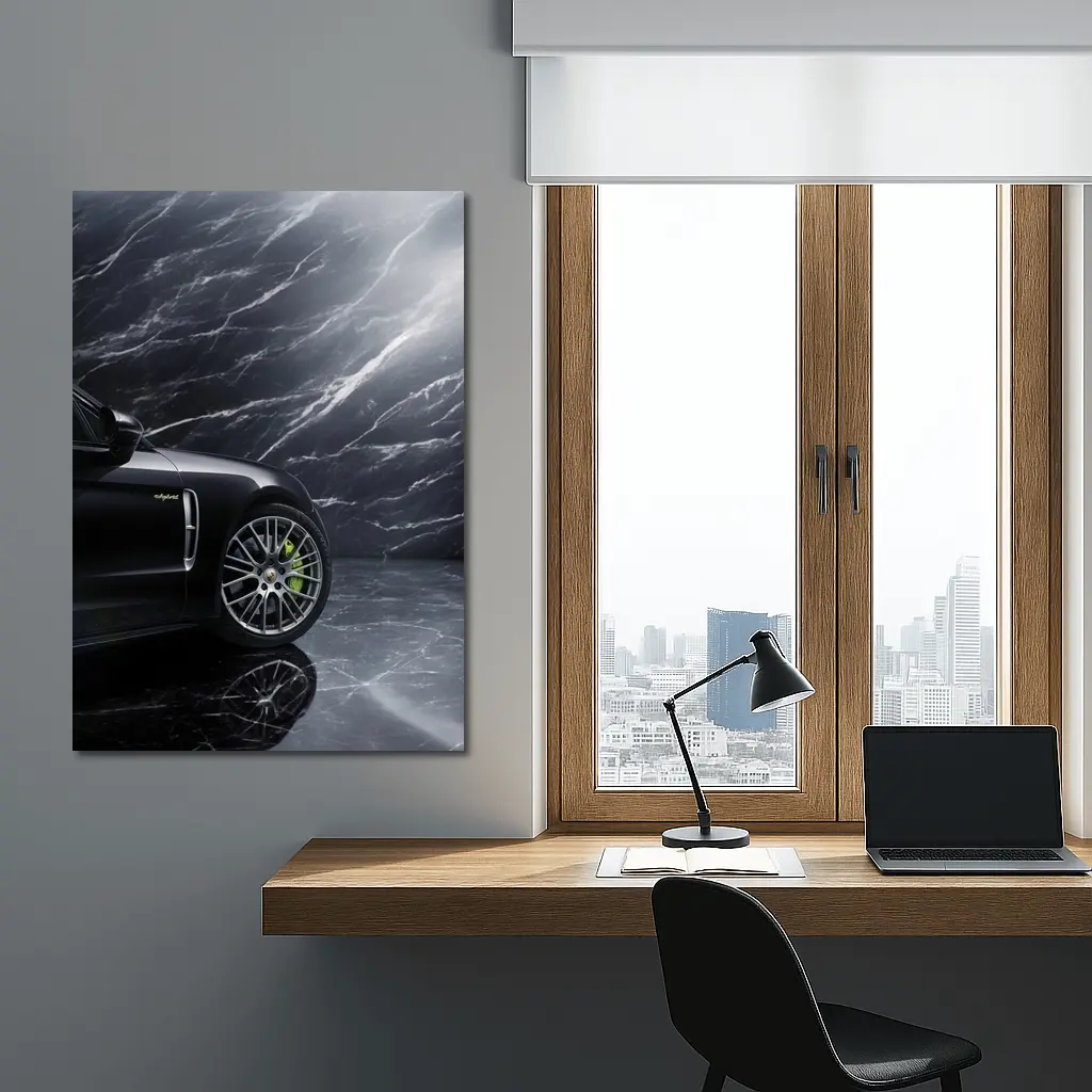 Porsche Panamera Black on Dark Marble – Wall Art