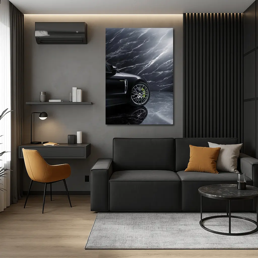 Porsche Panamera Black on Dark Marble – Wall Art