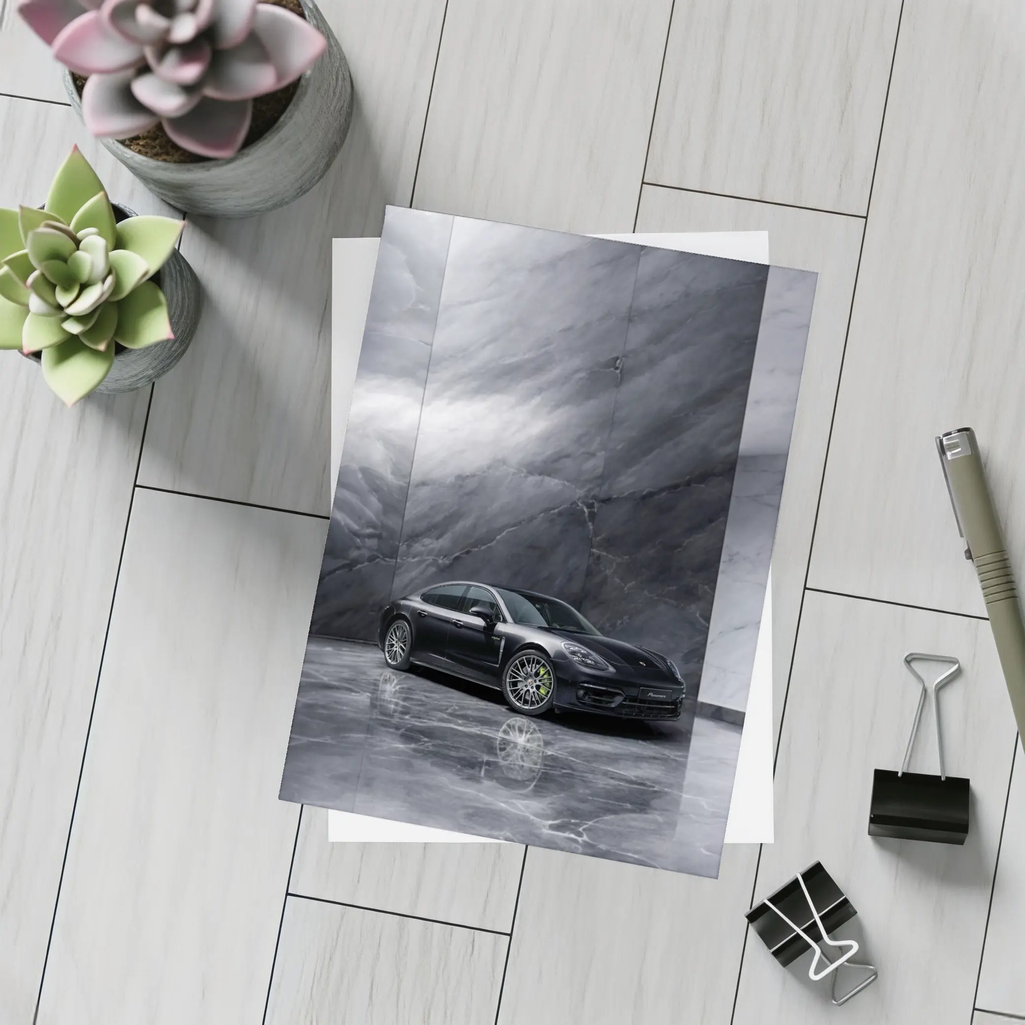 Porsche Panamera Black On Marble Background – Postcards