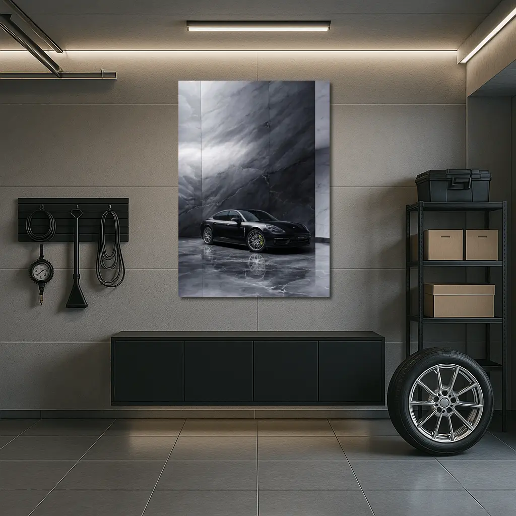 Porsche Panamera Black On Marble Background – Wall Art