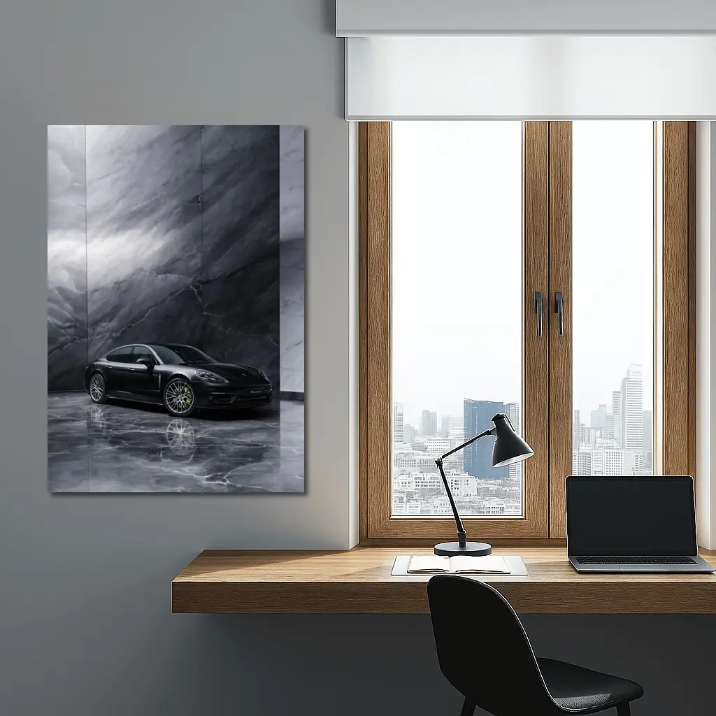Porsche Panamera Black On Marble Background – Wall Art