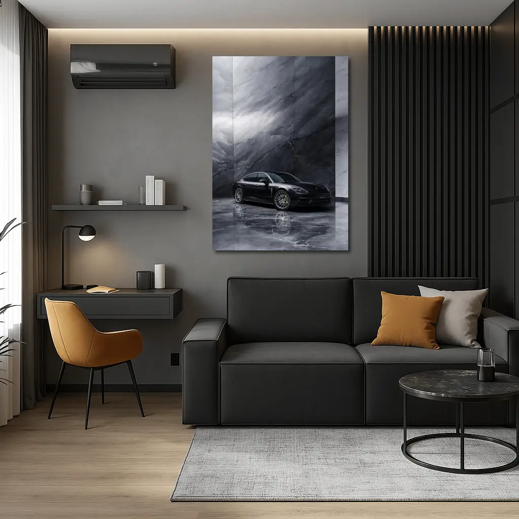 Porsche Panamera Black On Marble Background – Wall Art