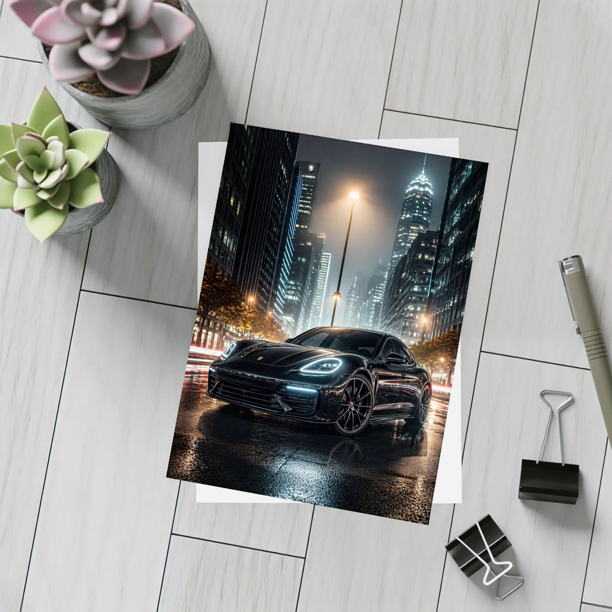 Porsche Panamera Black Night City Streets – Postcards