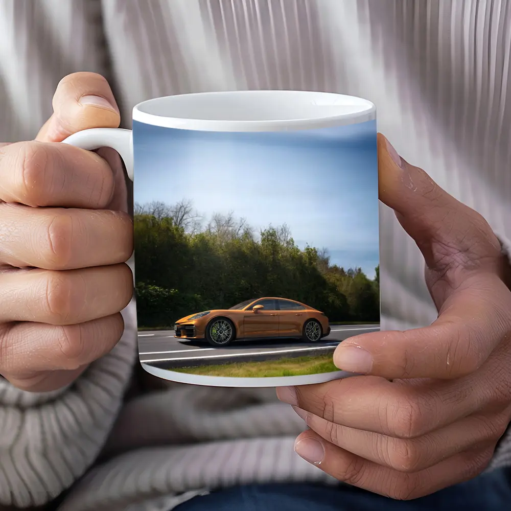 Porsche Panamera Orange on Open Road – Mugs