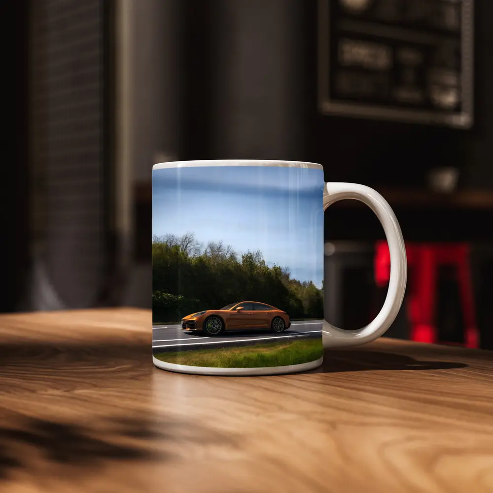 Porsche Panamera Orange on Open Road – Mugs