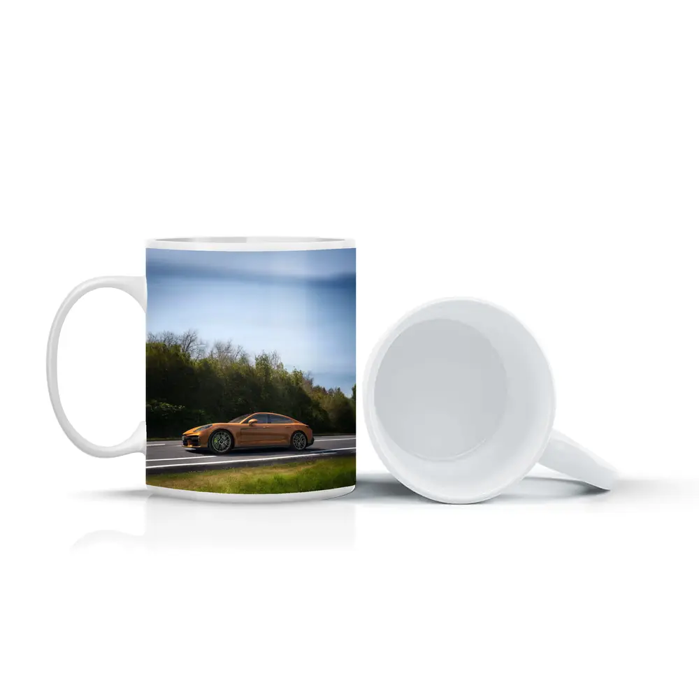 Porsche Panamera Orange on Open Road – Mugs