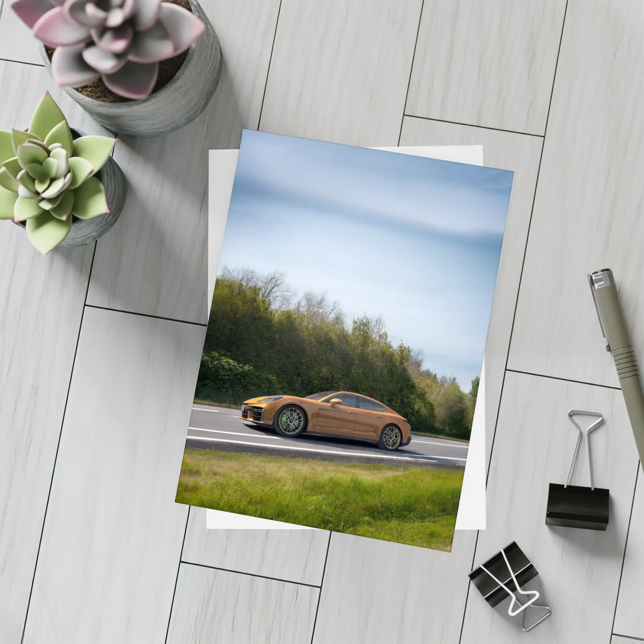 Porsche Panamera Orange on Open Road – Postcards
