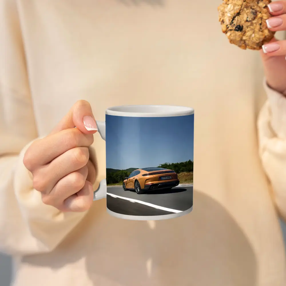 Porsche Panamera Orange On Open Road – Mugs