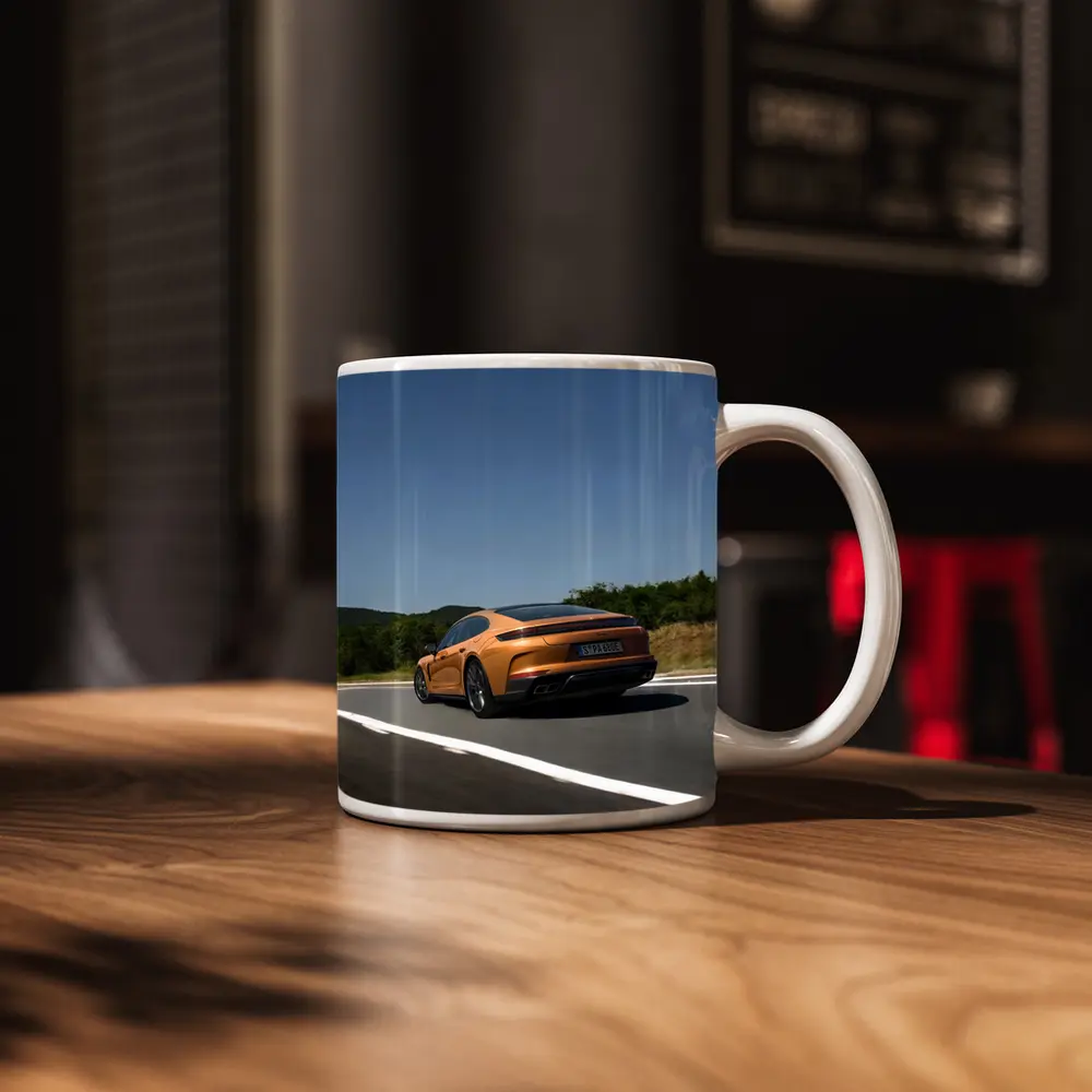 Porsche Panamera Orange On Open Road – Mugs