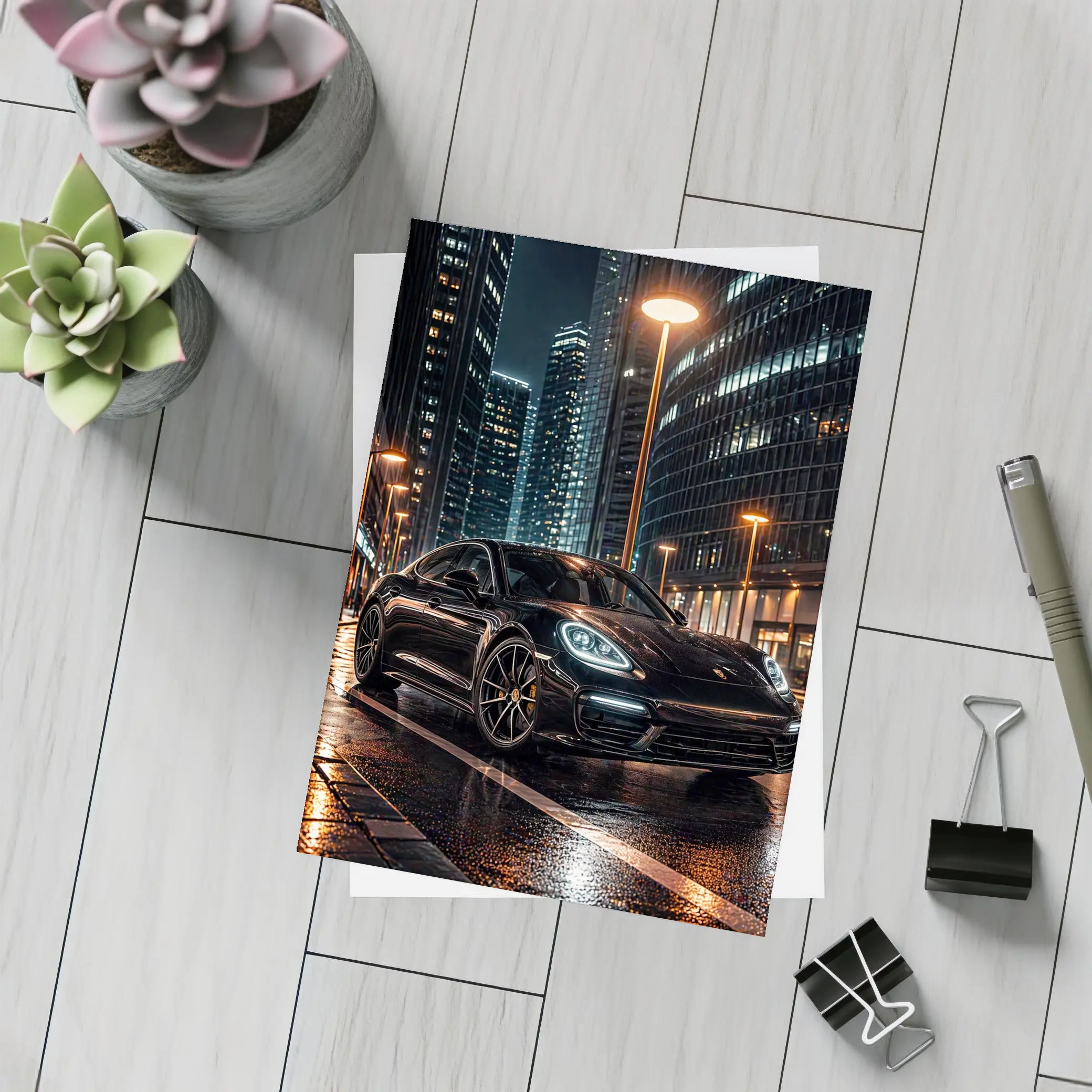 Porsche Panamera Black City Night Streets – Postcards