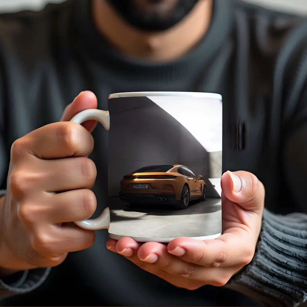 Porsche Panamera Orange Studio Garage Shot – Mugs