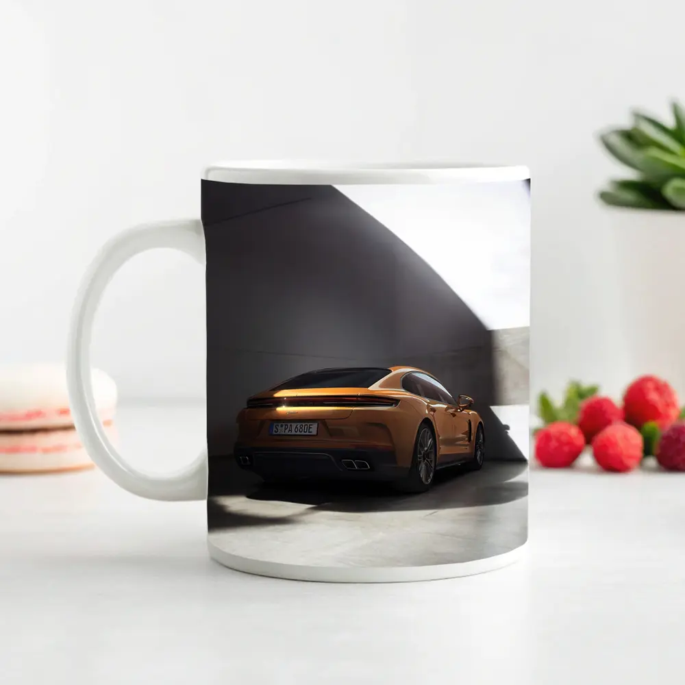Porsche Panamera Orange Studio Garage Shot – Mugs