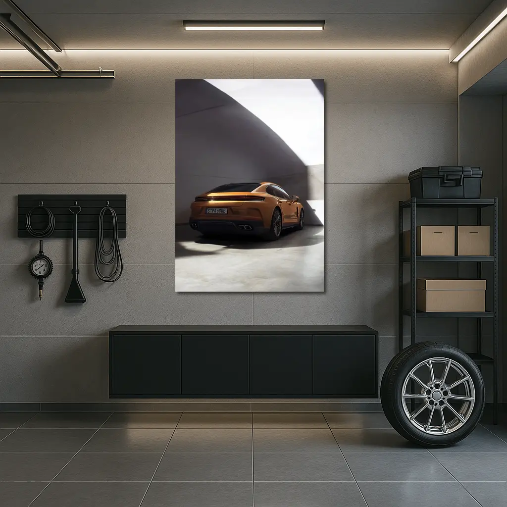 Porsche Panamera Orange Studio Garage Shot – Wall Art