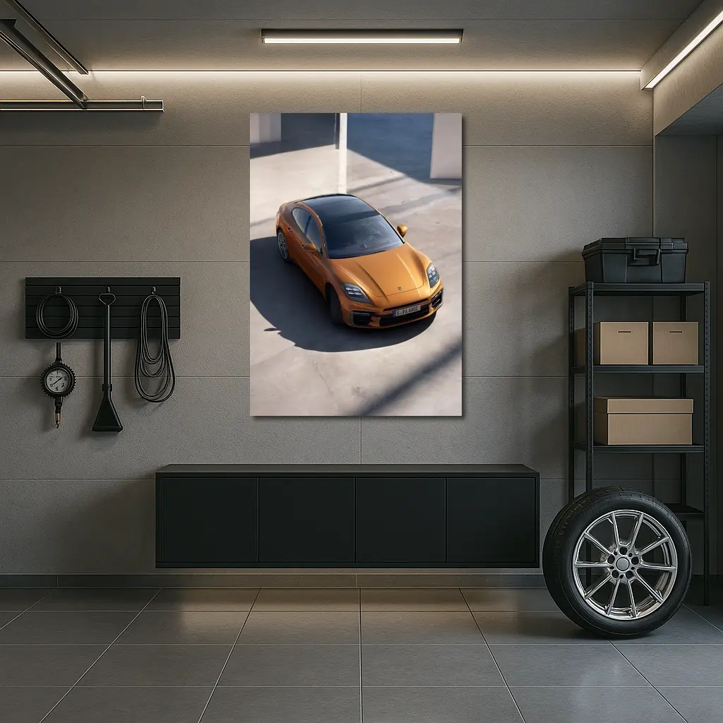 Porsche Panamera Orange Minimal Parking Setting – Wall Art