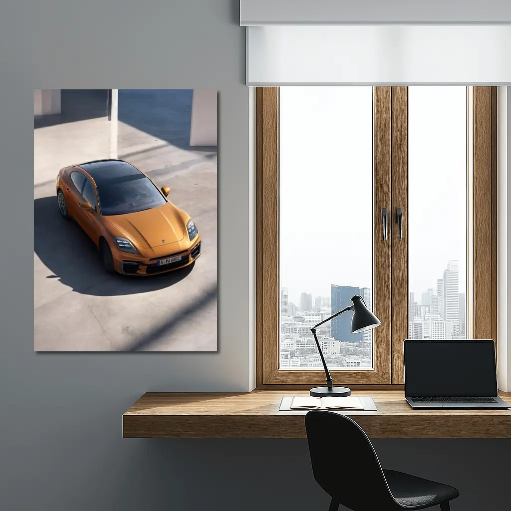Porsche Panamera Orange Minimal Parking Setting – Wall Art