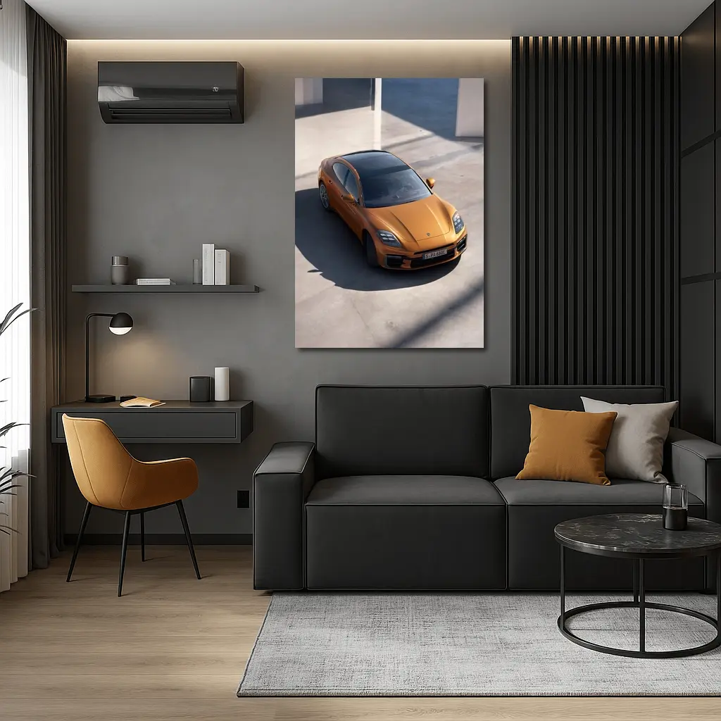 Porsche Panamera Orange Minimal Parking Setting – Wall Art
