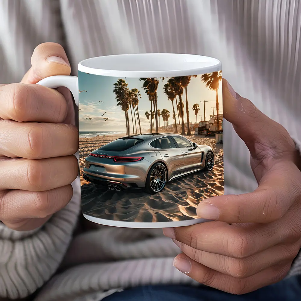 Porsche Panamera Silver Beach Palm Trees – Mugs